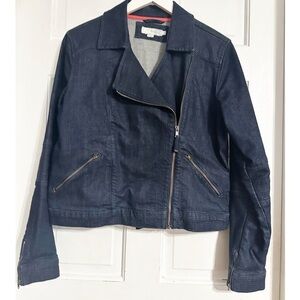 Boden Wren Biker Denim Jacket Asymmetrical Zip Women’s Size 12.